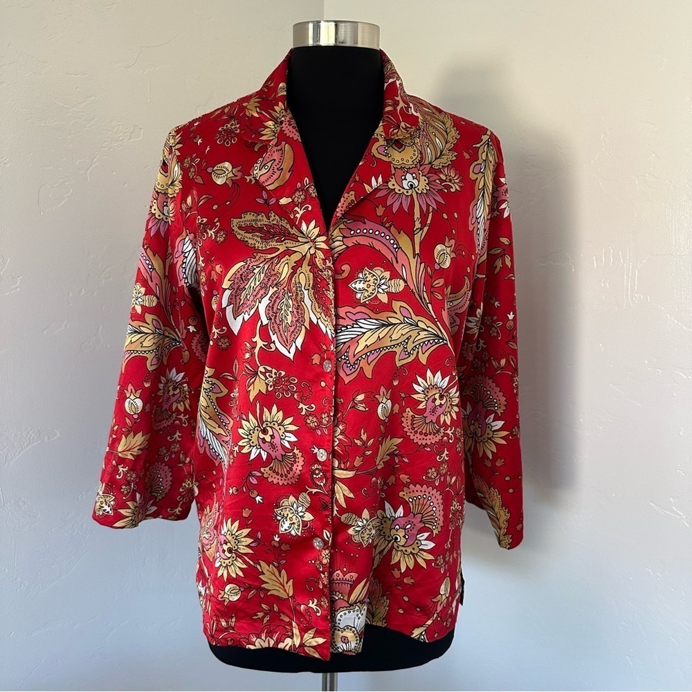 Natori Floral MONGOLIA RED 3/4 Sleeve SATIN CHARMEUSE PAJAMAS TOP Size M